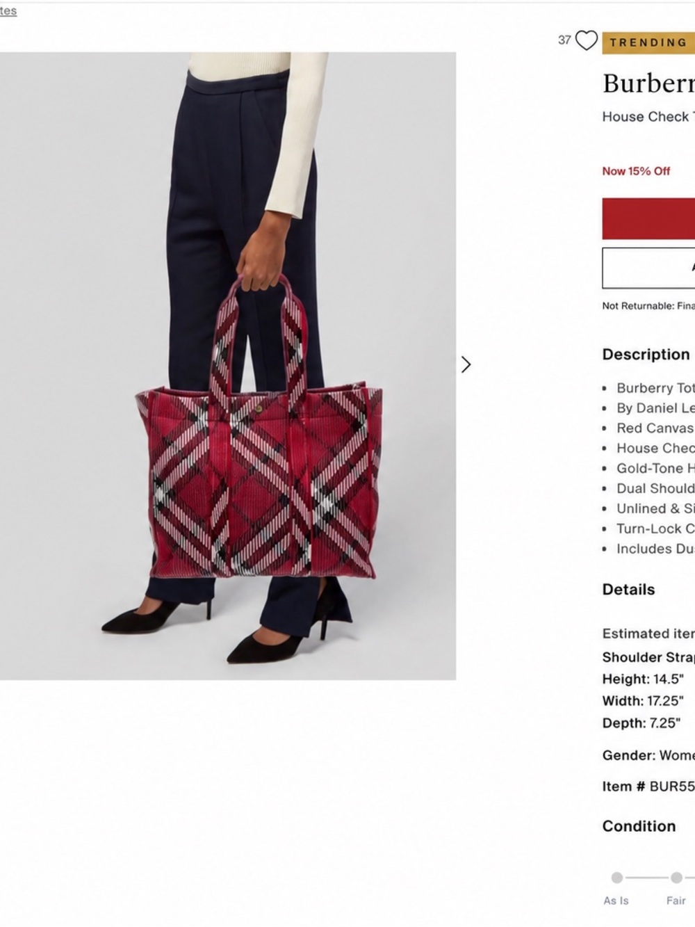 Burberry Red Plaid Medium Tote with Black & White Accents